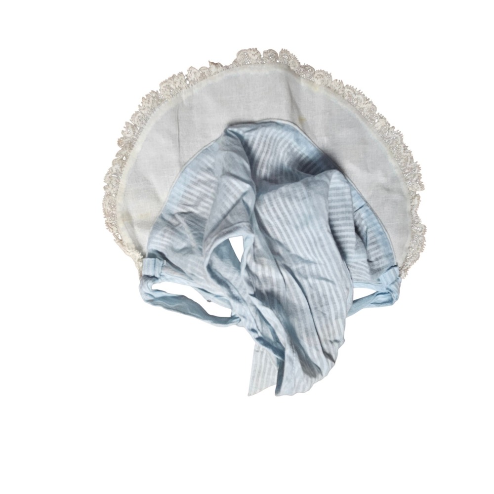 VTG 50s 60s‎ Blue White Striped Lace Ruffle Bonnet Sun Hat Cottagecore Prairie